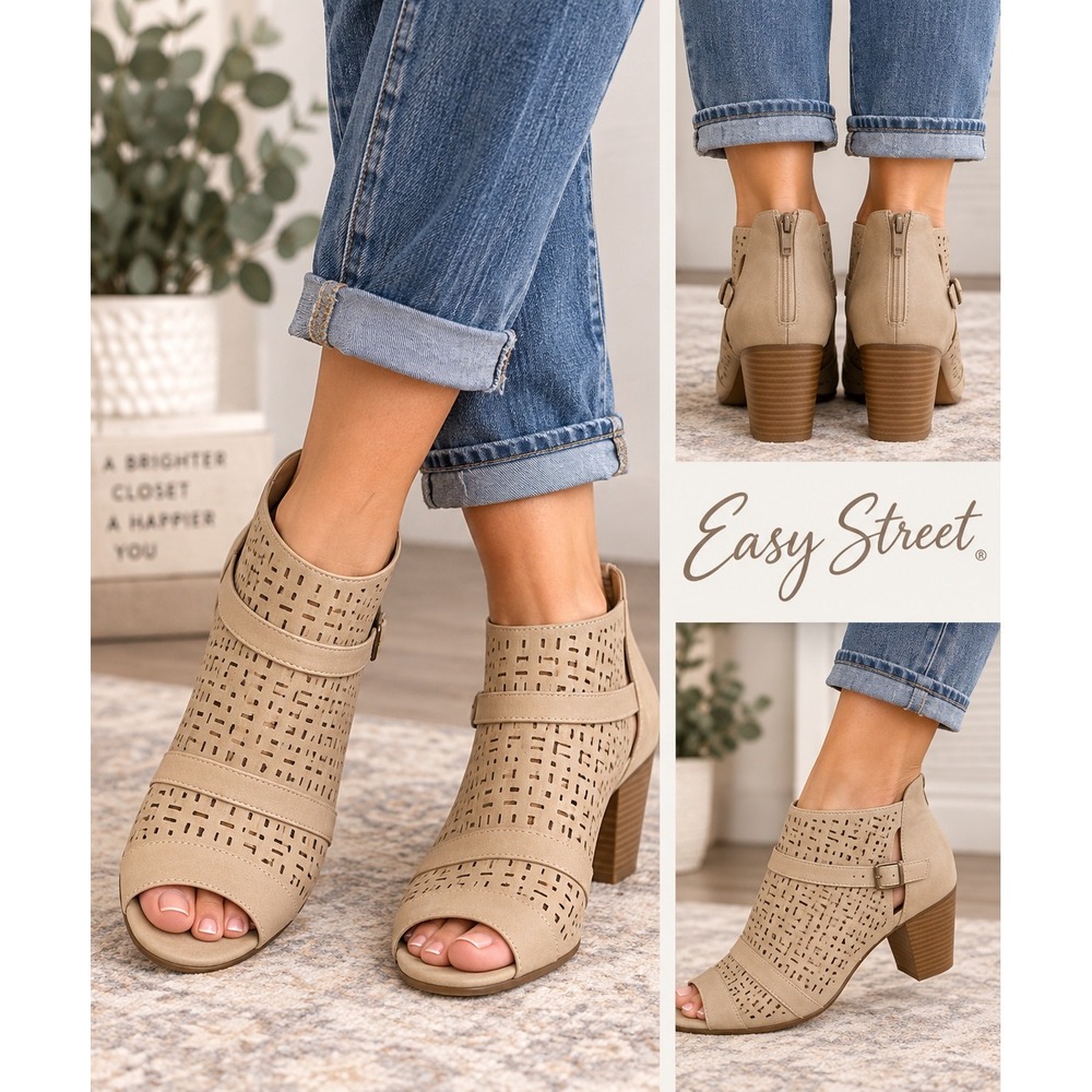 Easy Street Carrigan 7M Tan Perforated Peep Toe Booties Block Heel Cutout Boho